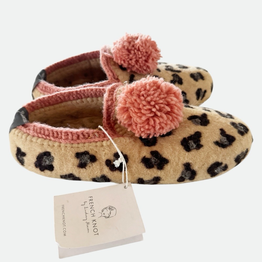 French Knot Slippers Large Women XL 10 Slip On 100% Wool Leopard Animal Print